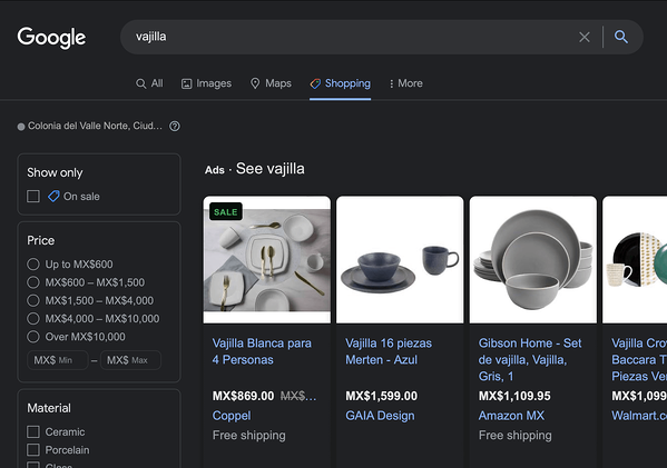 Ejemplo de búsqueda en Google Shopping