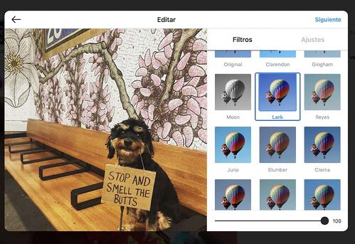 Selección de filtros para nueva publicación de Instagram web